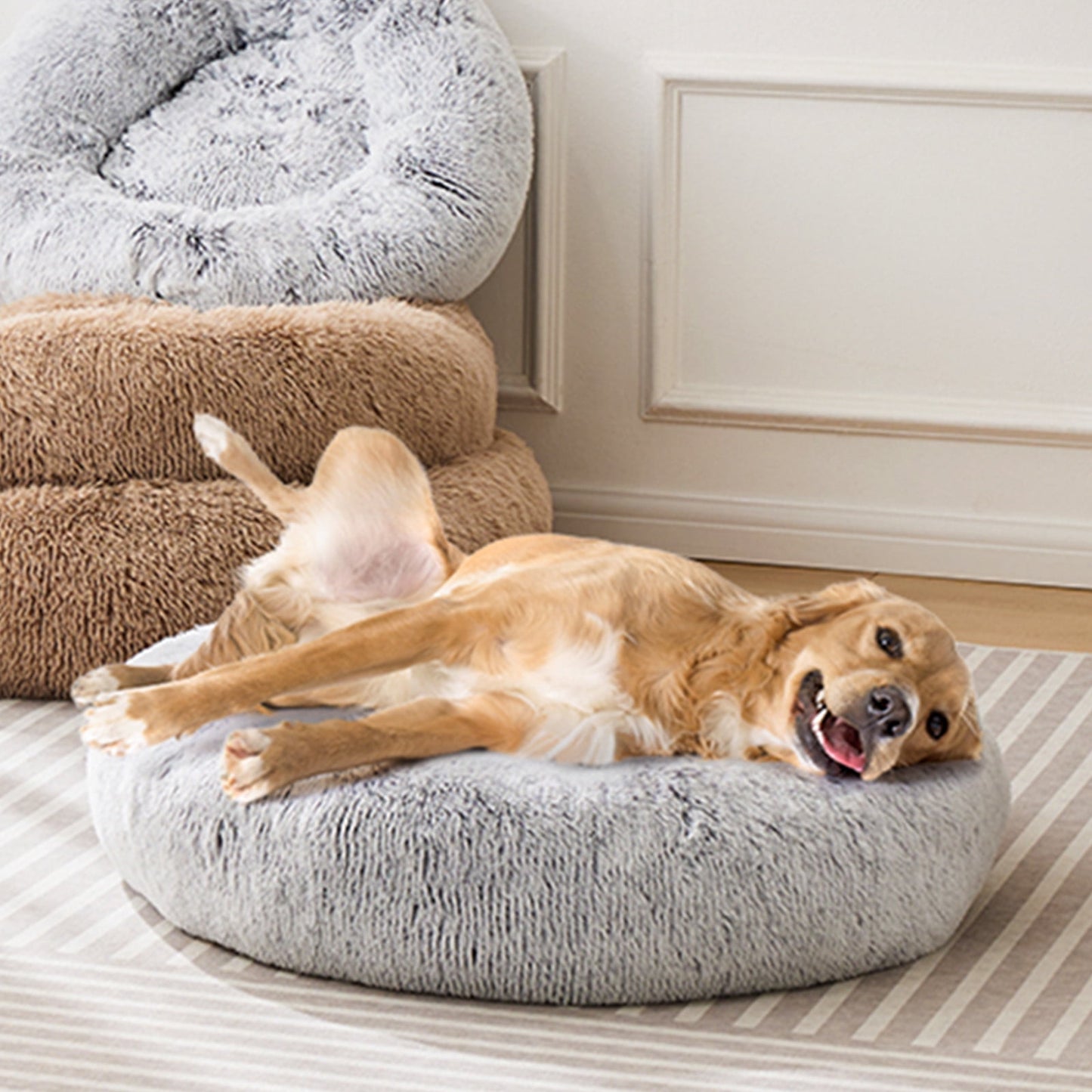 Large Calming Donut Dog & Cat Bed, 36 Inches round Fluffy Dog Beds for Dogs, Anti-Anxiety Plush Dog Bed, Machine Washable Pet Bed, Gray