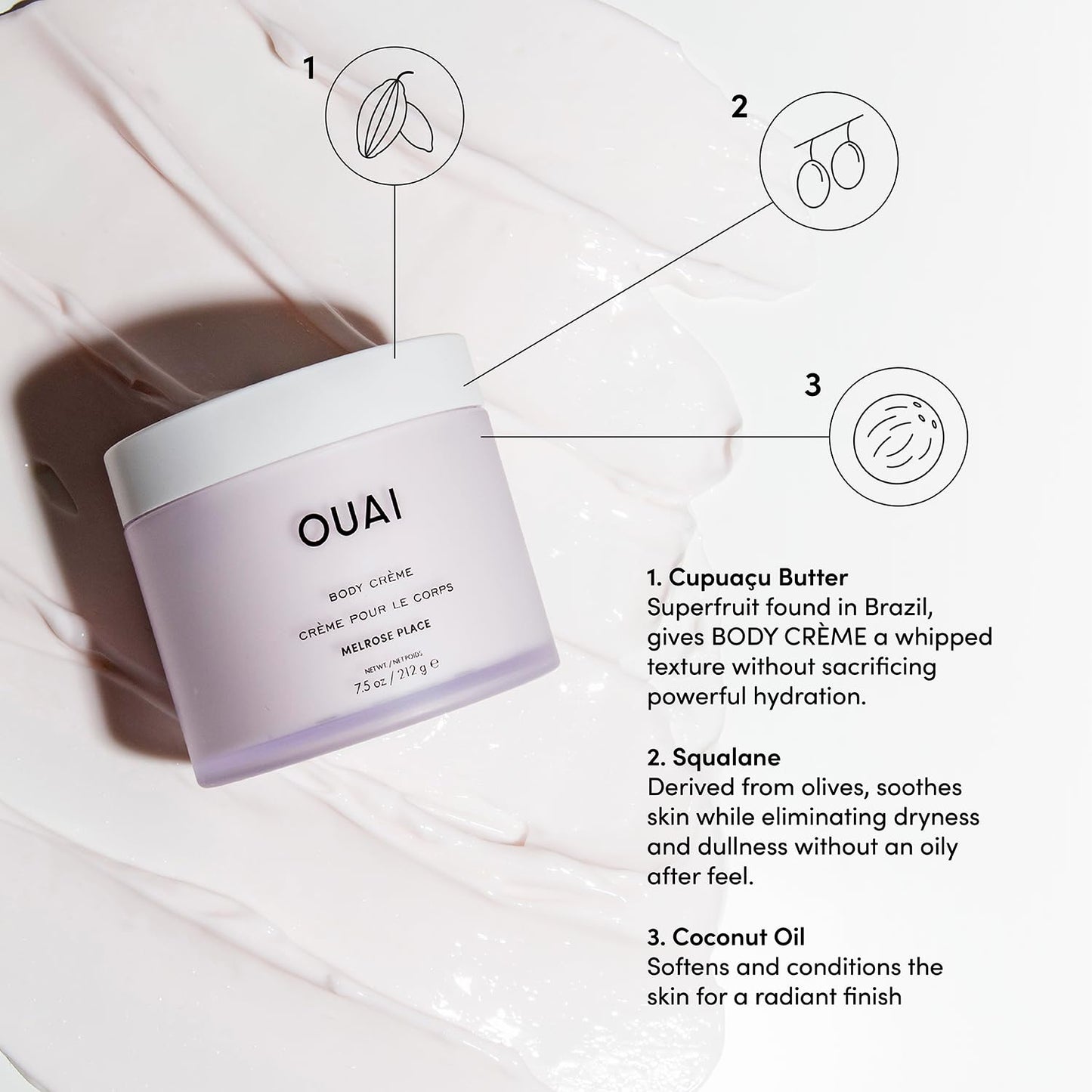 OUAI Body Cream, St. Barts - Hydrating Whipped Body Cream with Cupuaçu Butter, Coconut Oil and Squalane - Softens Skin and Delivers Healthy-Looking Glow - Sulfate-Free Skin Care (7.5 Oz)
