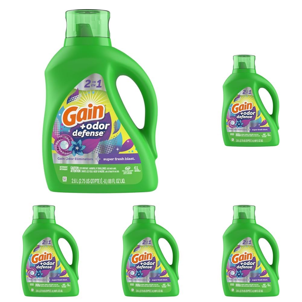 Gain + Odor Defense Liquid Laundry Detergent Super Fresh Blast Scent, HE Compatible, 107 Loads 154 fl oz, Gain Laundry Detergent, Liquid Laundry Detergent