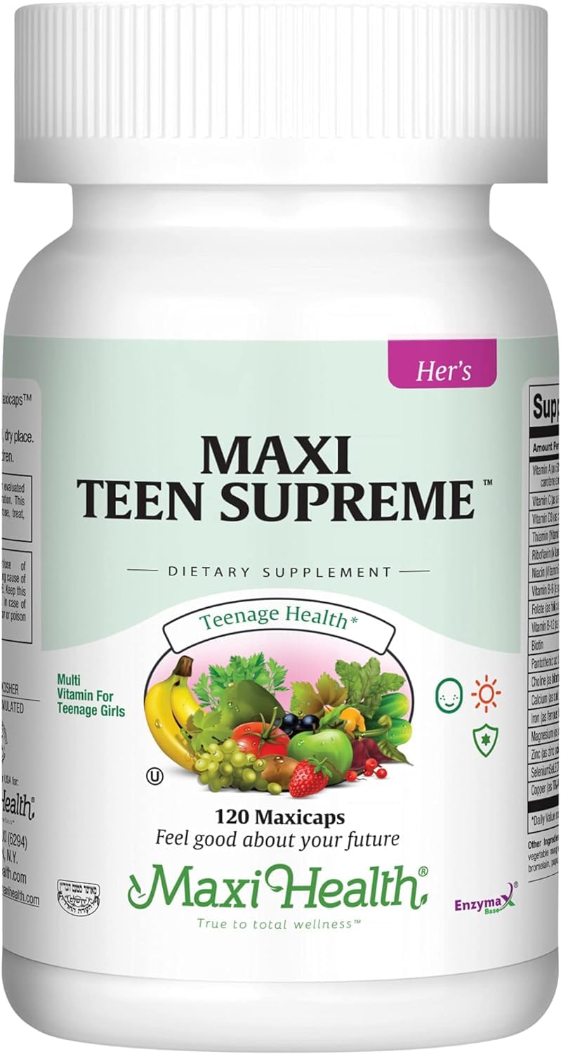 Maxi Health Teen Multivitamin for Girls 12-17 years, Natural Vitamins and Minerals Enhances Development and Immune Health, Best Kosher Supplement for Teenagers, 60 Count