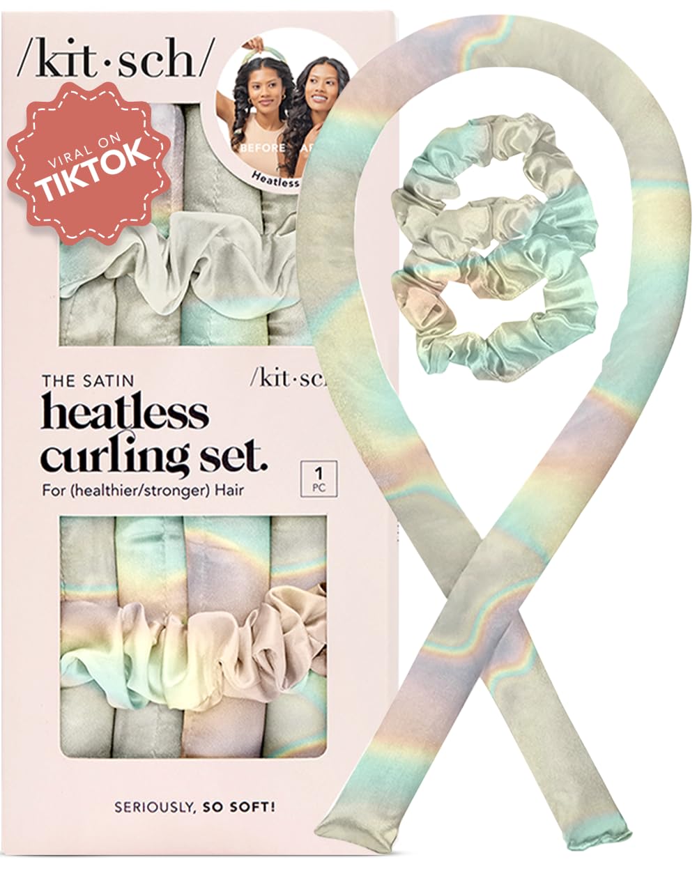 Kitsch Satin Heatless Hair Curler Set - Heatless Curls Overnight, Hair Rollers for Soft Curls & Frizz-Free Styling, No Heat Curlers To Sleep in, Curling Rod Headband with 2 Scrunchies - Sunset Tie Dye