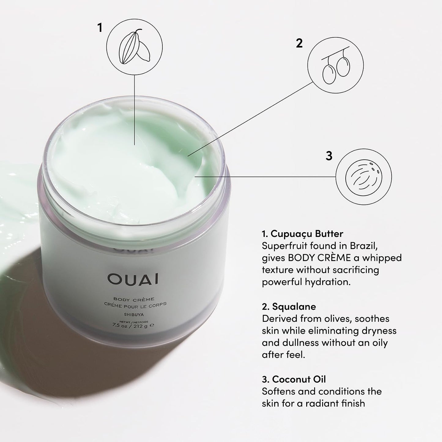OUAI Body Cream, St. Barts - Hydrating Whipped Body Cream with Cupuaçu Butter, Coconut Oil and Squalane - Softens Skin and Delivers Healthy-Looking Glow - Sulfate-Free Skin Care (7.5 Oz)
