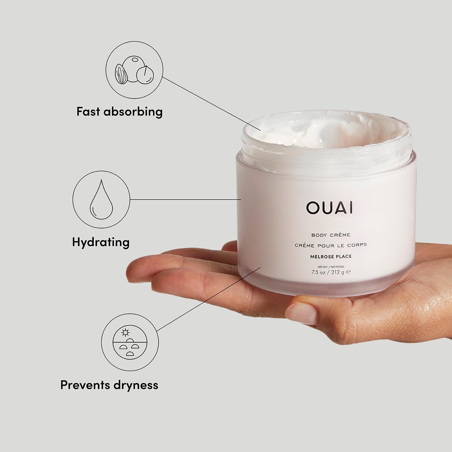 OUAI Body Cream, St. Barts - Hydrating Whipped Body Cream with Cupuaçu Butter, Coconut Oil and Squalane - Softens Skin and Delivers Healthy-Looking Glow - Sulfate-Free Skin Care (7.5 Oz)