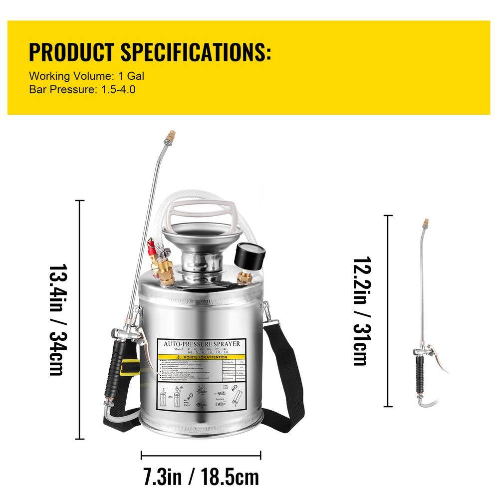 Stainless Steel Pest Control Sprayer-Handheld Pump Garden Sprayer, 1 Gal. for Outdoor Cleaning