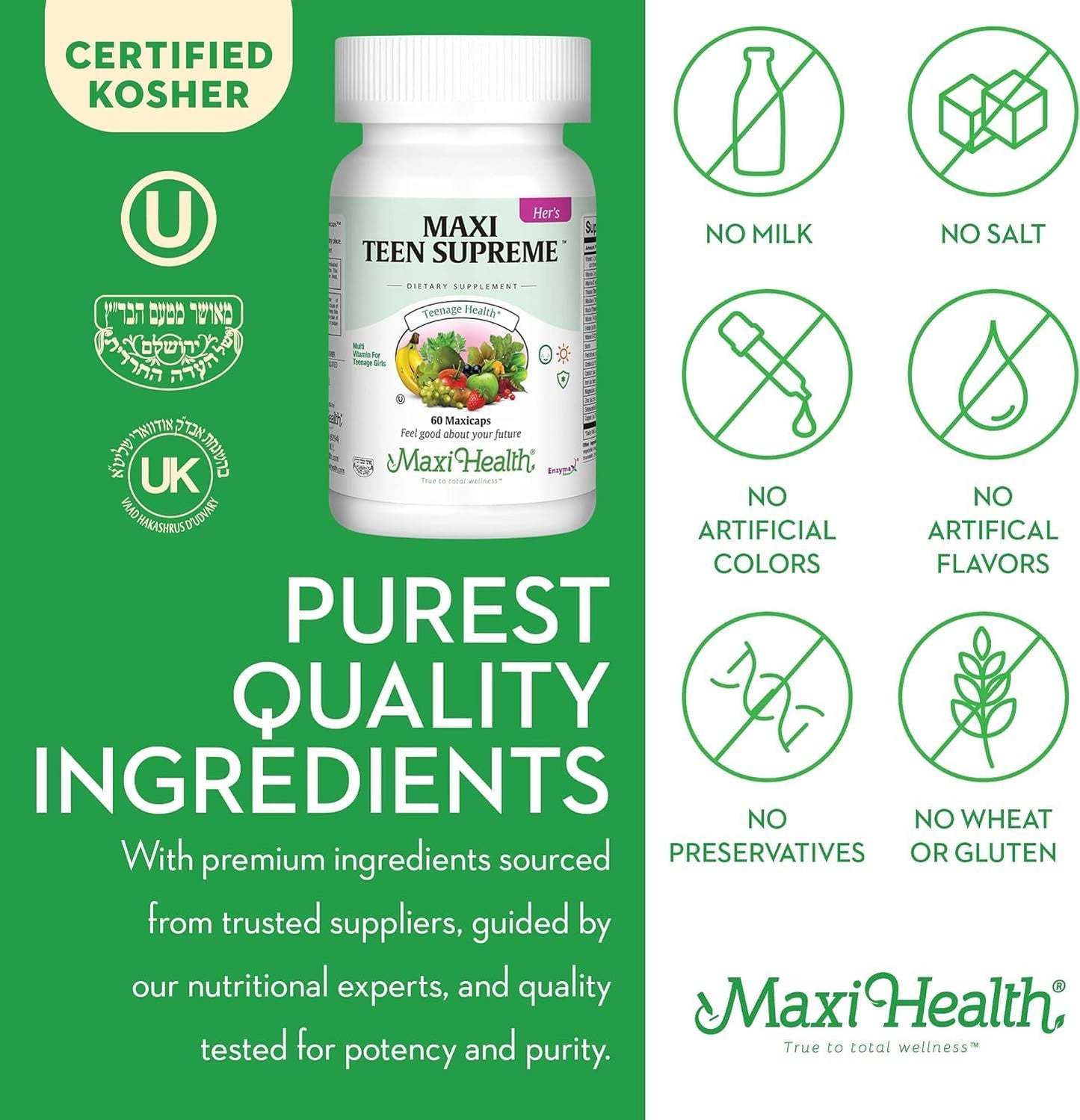 Maxi Health Teen Multivitamin for Girls 12-17 years, Natural Vitamins and Minerals Enhances Development and Immune Health, Best Kosher Supplement for Teenagers, 60 Count