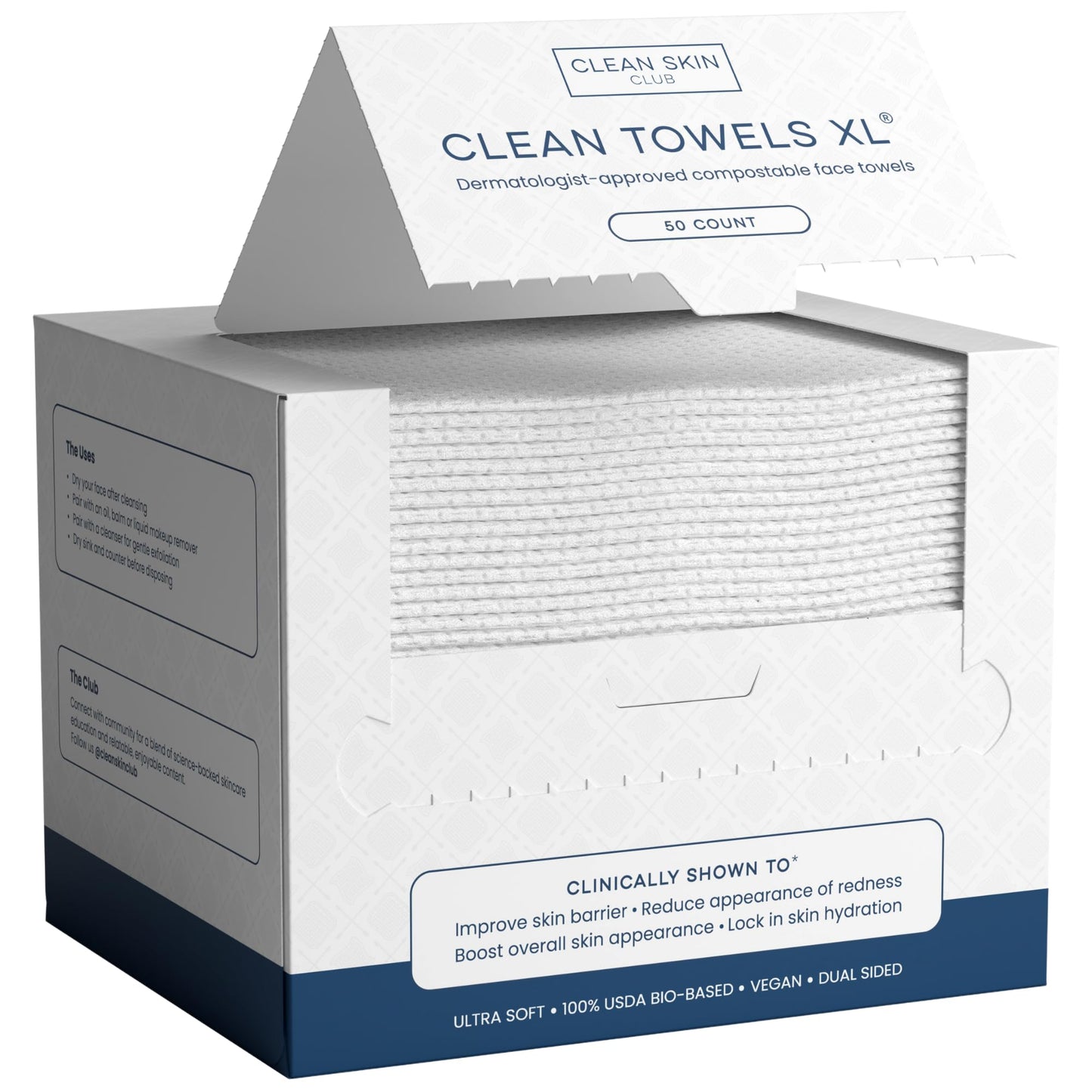 Clean Skin Club Clean Towels XL™, 100% USDA Biobased Face Towel, Disposable Face Towelette, Eczema Association Accepted, Makeup Remover Dry Wipes, Ultra Soft, 100 Ct, 2 Pack