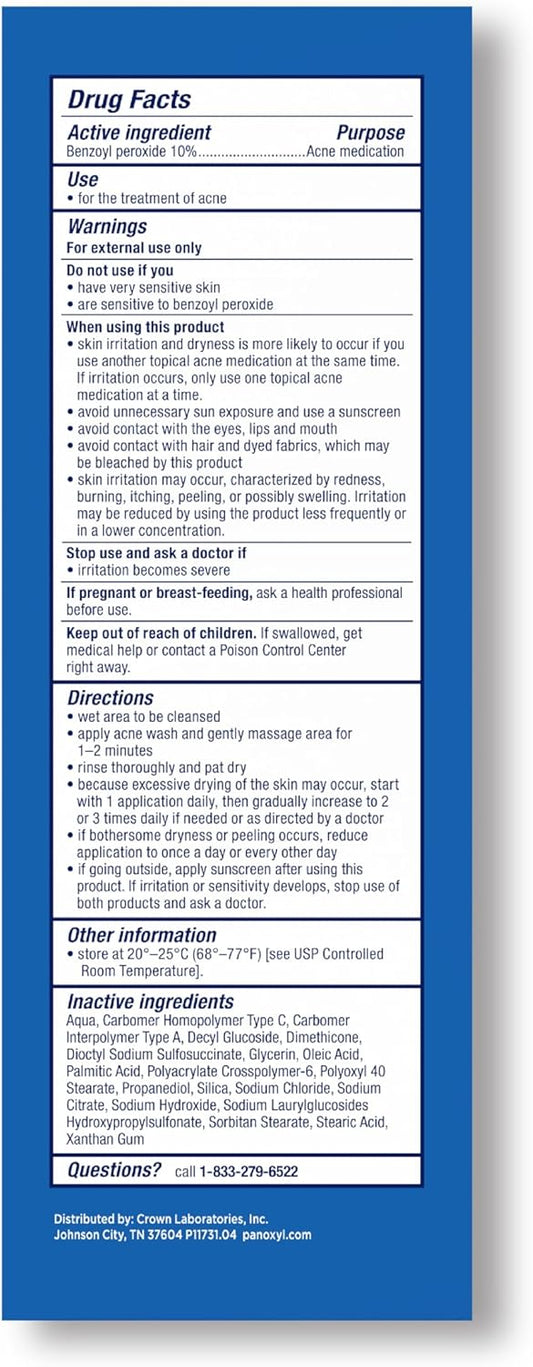 PanOxyl Acne Foaming Wash Benzoyl Peroxide 10% Maximum Strength Antimicrobial, 5.5 Oz