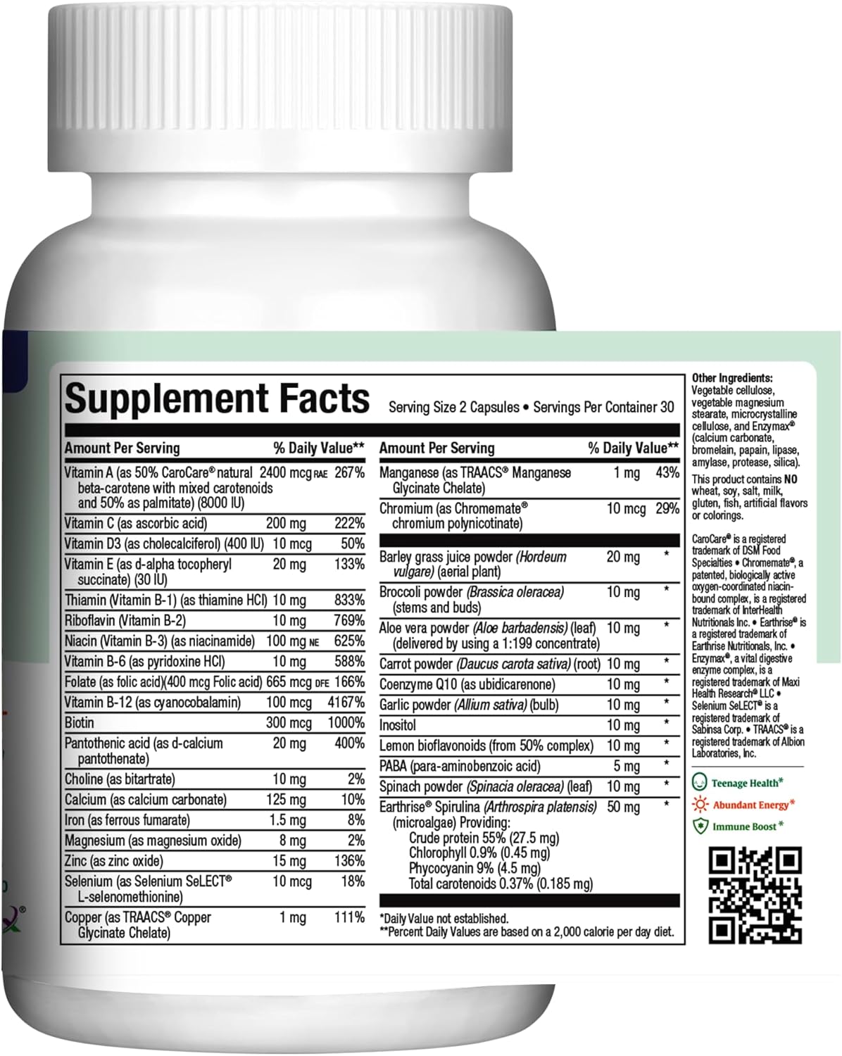 Maxi Health Teen Multivitamin for Girls 12-17 years, Natural Vitamins and Minerals Enhances Development and Immune Health, Best Kosher Supplement for Teenagers, 60 Count