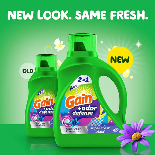 Gain + Odor Defense Liquid Laundry Detergent Super Fresh Blast Scent, HE Compatible, 107 Loads 154 fl oz, Gain Laundry Detergent, Liquid Laundry Detergent