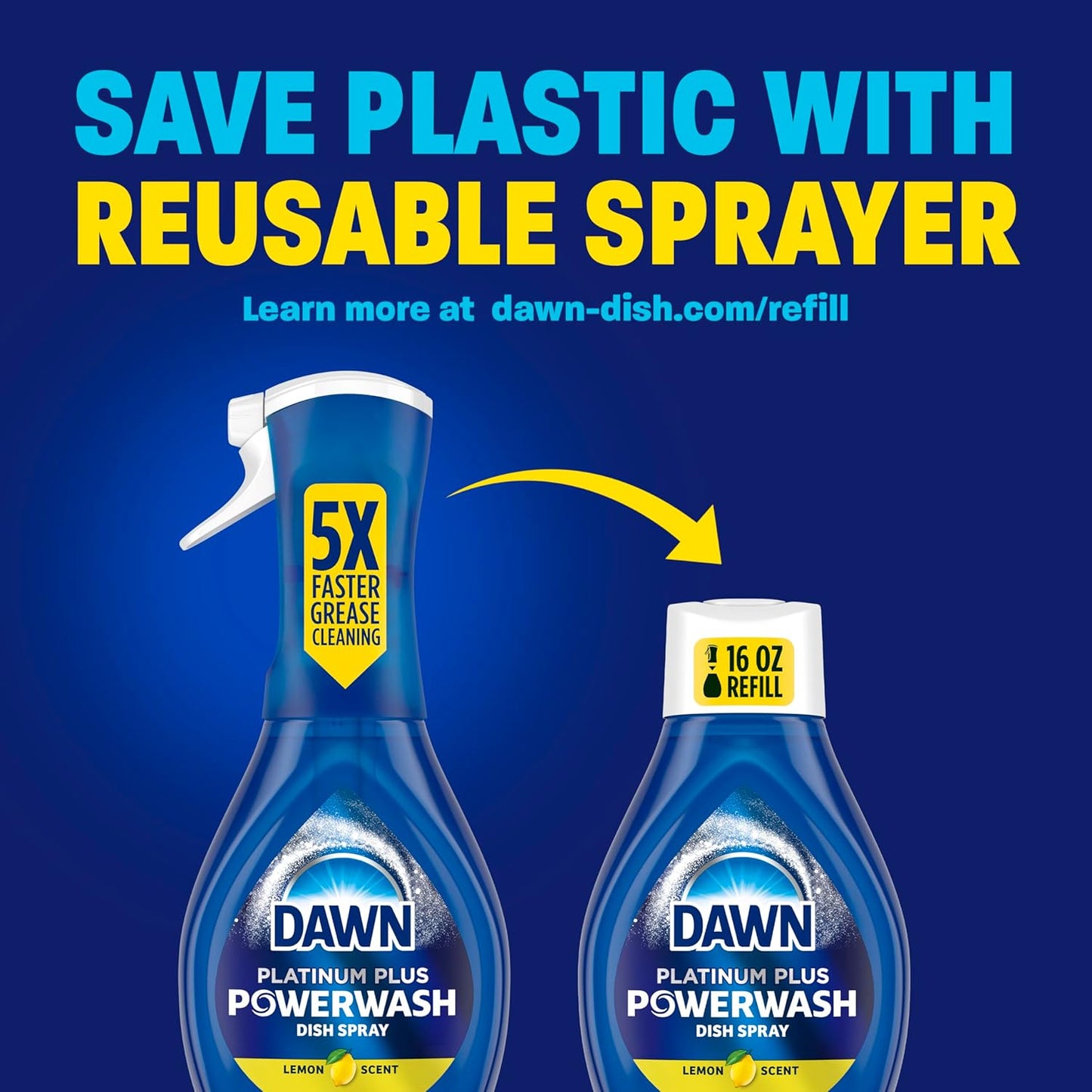 Dawn Powerwash Spray, Dish Soap, Dishwashing Liquid, Cleaning Supplies, Lemon, 1 Starter Kit + 3 Refills, 4 units of 16oz (64oz)