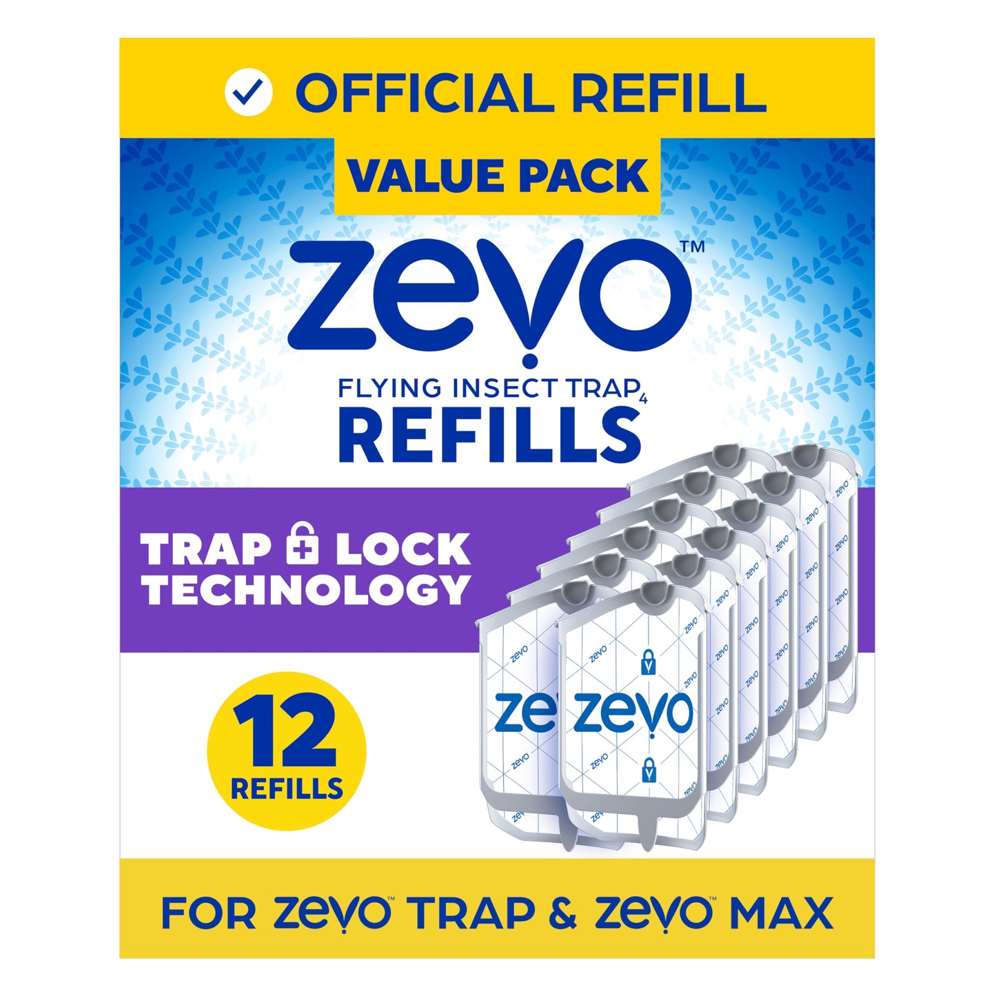 Zevo Flying Insect Trap Refill - for The Zevo MAX & Standard Indoor Fly Trap - Catch Gnats, House & Fruit Flies - Easy to Use - Mess-Free Disposal (4 Refill Cartridges)