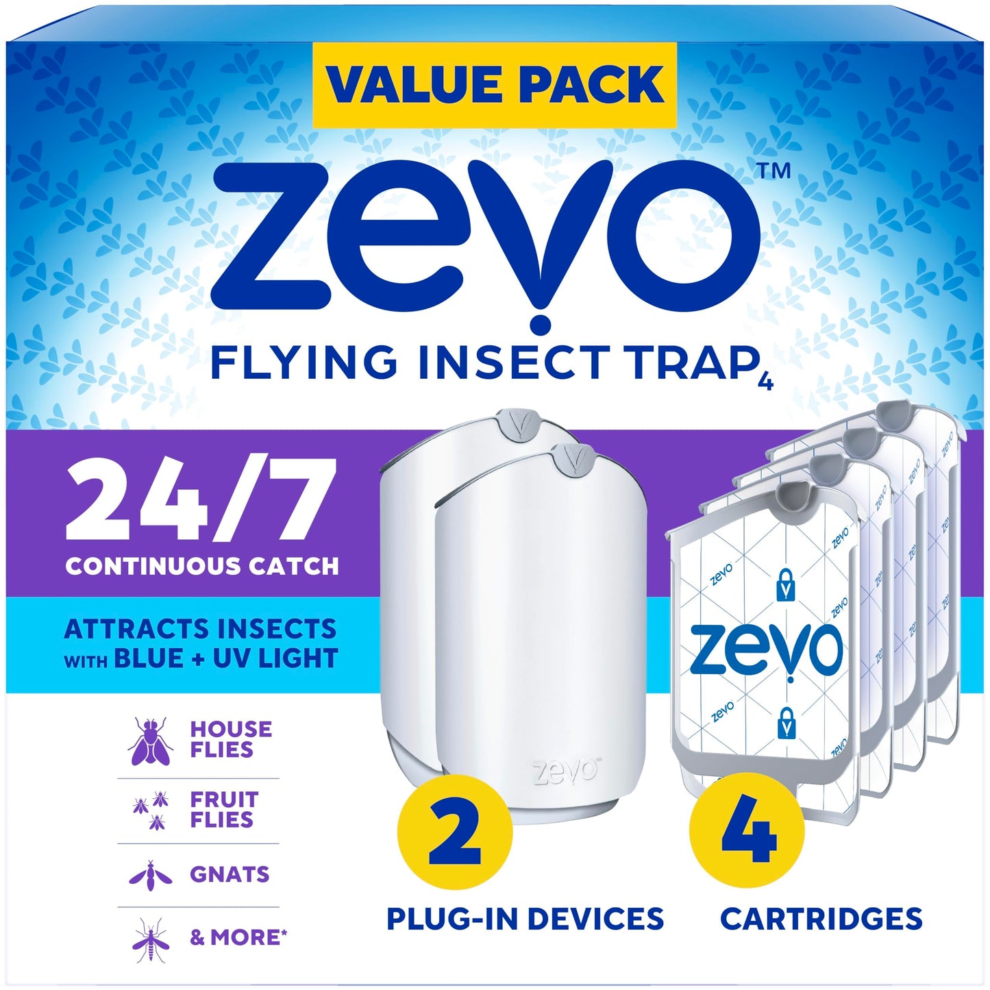 Zevo Flying Insect Trap & Cartridge - Plug in Fly Trap & Indoor Bug Catcher for Gnats, House & Fruit Flies - Mess-Free - Use in Any Room - Uses Blue & UV Light (1 Plug in Device & 1 Cartridge)