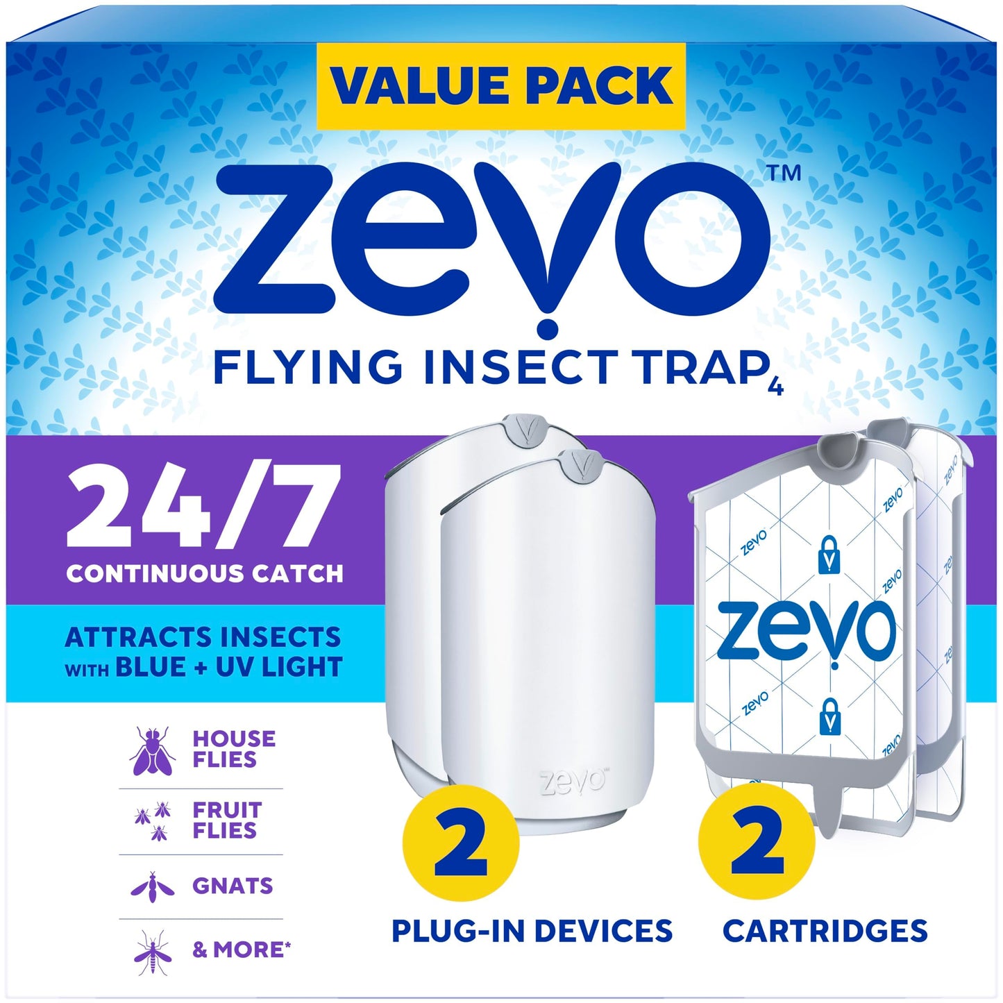 Zevo Flying Insect Trap & Cartridge - Plug in Fly Trap & Indoor Bug Catcher for Gnats, House & Fruit Flies - Mess-Free - Use in Any Room - Uses Blue & UV Light (1 Plug in Device & 1 Cartridge)