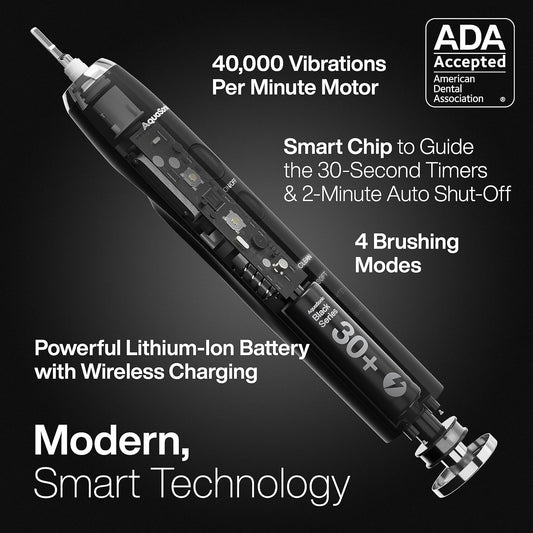 Aquasonic Black Series Ultra Whitening Toothbrush – ADA Accepted Electric Toothbrush- 8 Brush Heads & Travel Case – 40,000 VPM Electric Motor & Wireless Charging - 4 Modes w Smart Timer