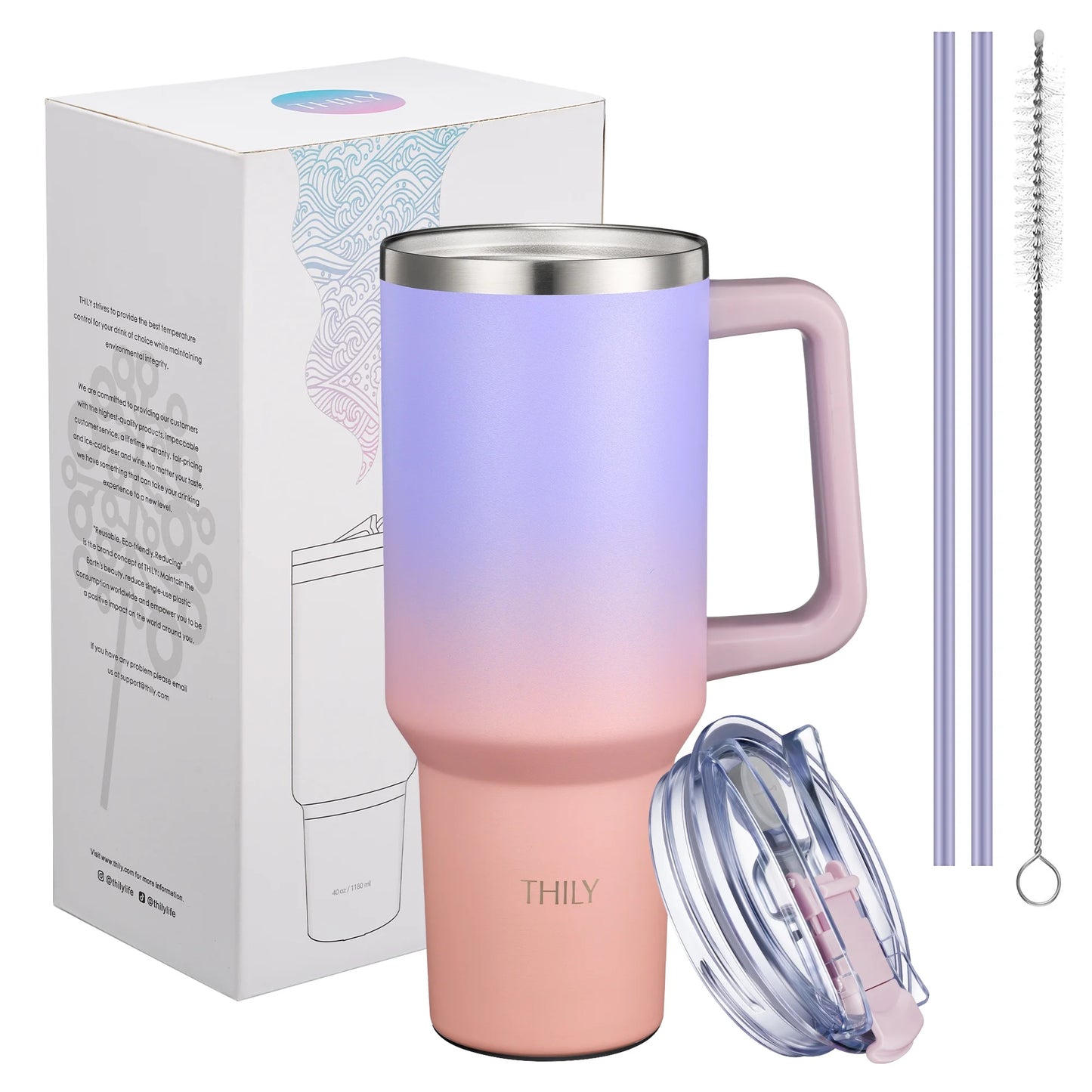 40 Oz Insulated Tumbler with Handle - Stainless Steel Coffee Travel Mug with Lid and Straws, Cupholder Friendly, BPA Free, Splash-Proof, for Women, Mother, Wife, Girls, Lavender Dream