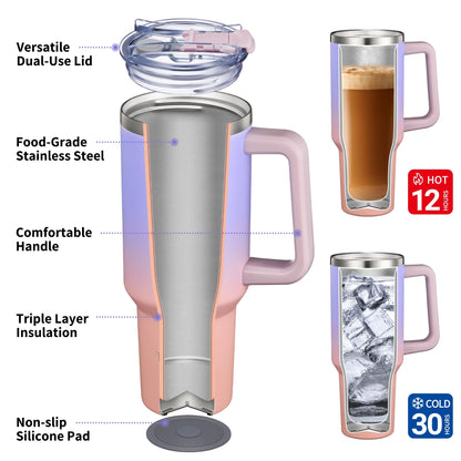 40 Oz Insulated Tumbler with Handle - Stainless Steel Coffee Travel Mug with Lid and Straws, Cupholder Friendly, BPA Free, Splash-Proof, for Women, Mother, Wife, Girls, Lavender Dream