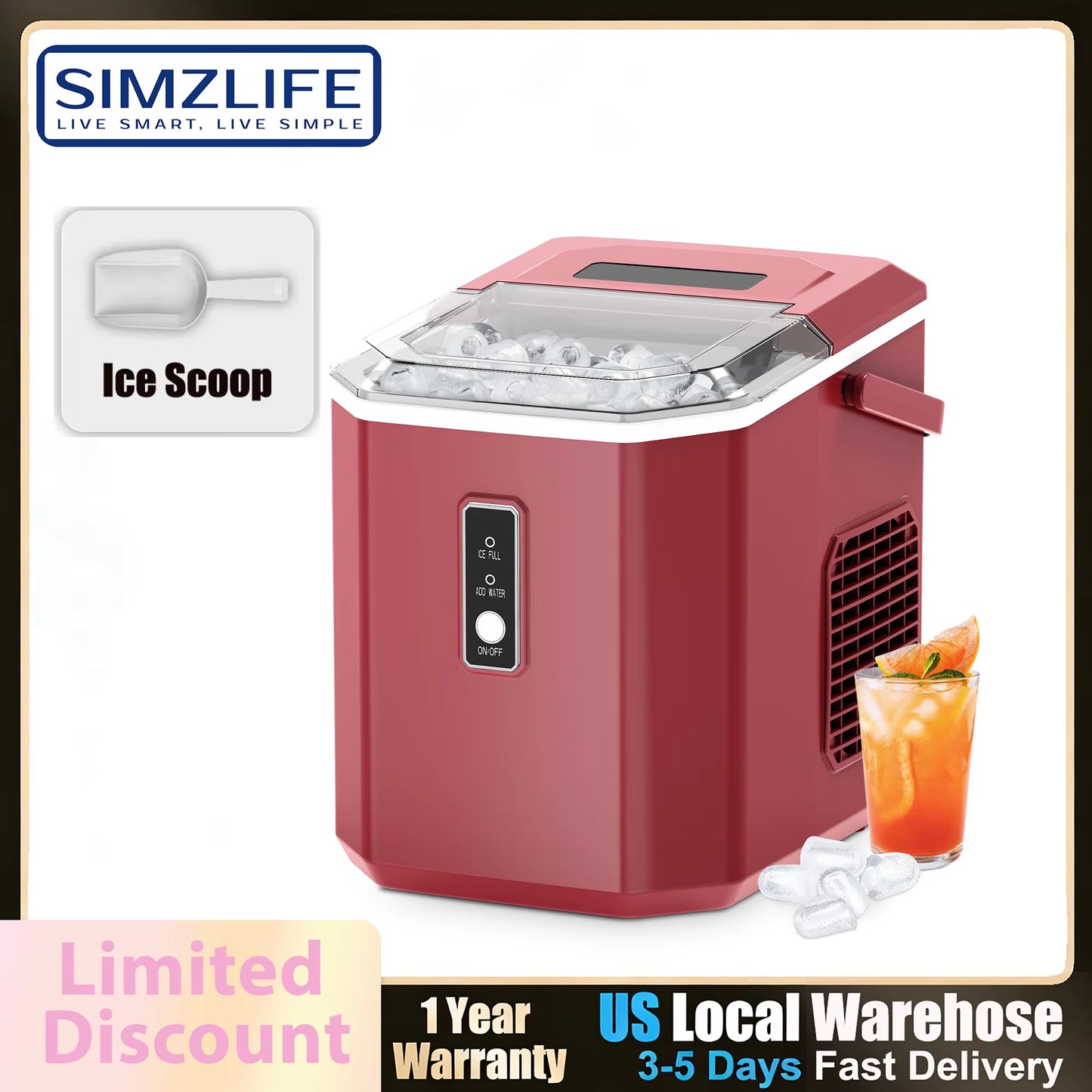Ice Maker Countertop , 26.5 Lbs/24H, 9 Cubes in 6 Mins,Self-Cleaning, Portable Ice Maker with Handle for Home,Red