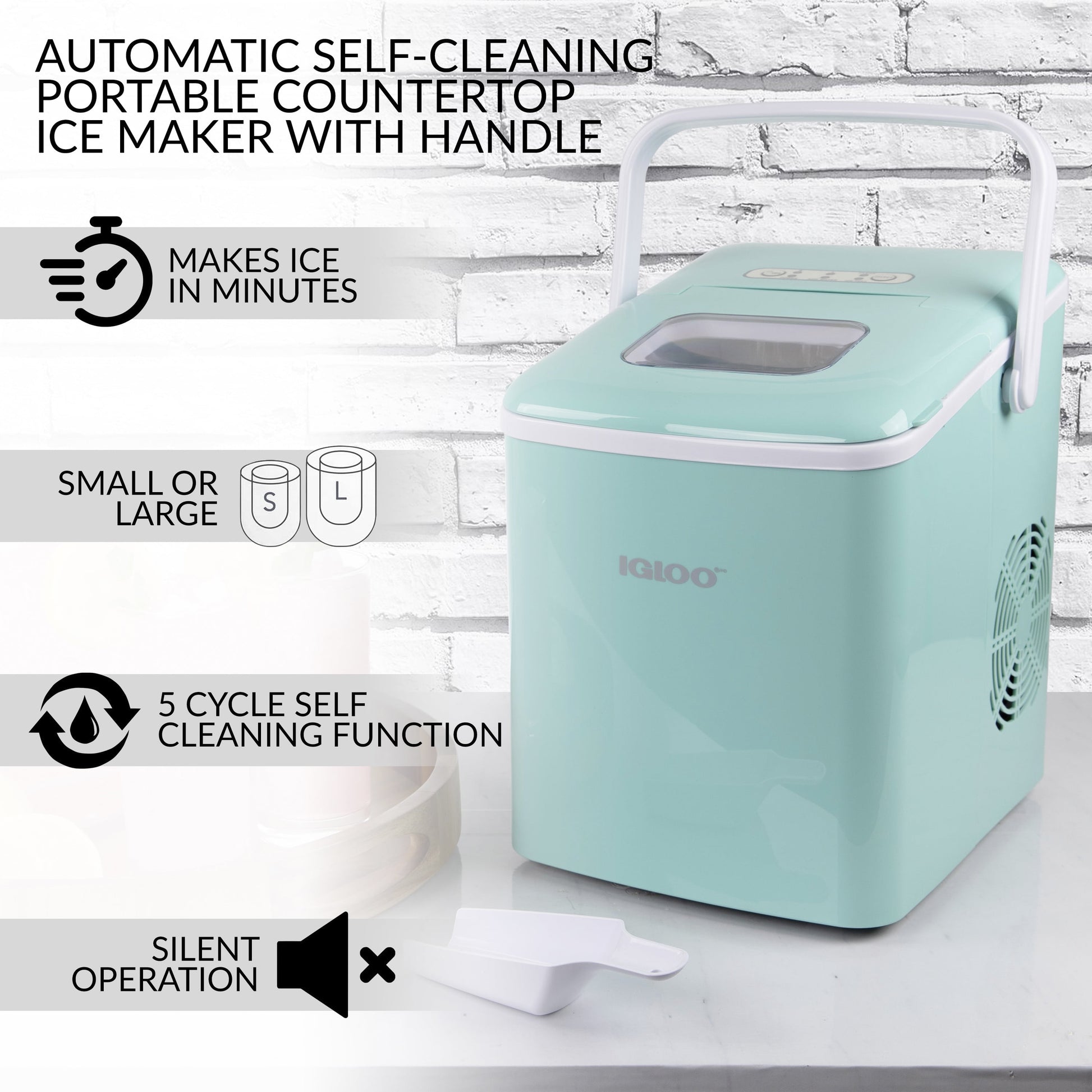 Handled Automatic Ice Machine Self Cleaning Countertop Ice Maker with Scoop, Aqua