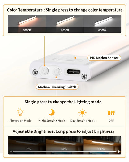 Under Cabinet Lighting, 54 LED Motion Sensor Light Indoor, 3 Color & Stepless Dimmable Closet Lights, Magnetic under Counter Lights for Kitchen, Stairs, Hallway - 2 Pack