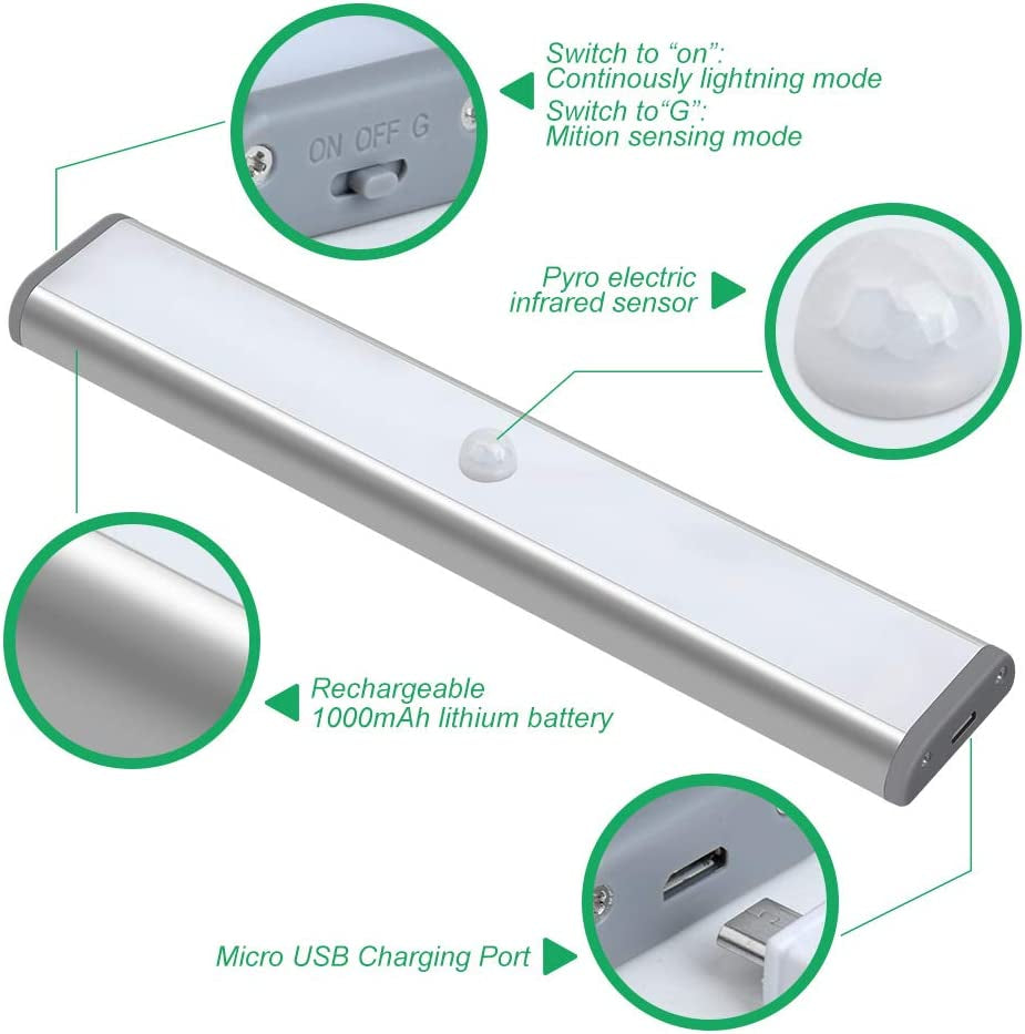 LED Motion Sensor Cabinet Light,Under Counter Closet Lighting, 20 LED Wireless USB Rechargeable Kitchen Lights,Battery Powered Operated Light, Magnetic Removable Stick on Lights for Wardrobe,Cupboard