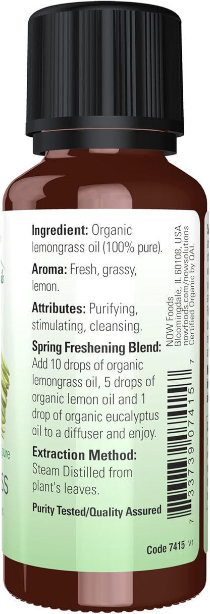 NOW Essential Oils, Organic Lemongrass Oil, Uplifting Aromatherapy Scent, Steam Distilled, 100% Pure, Vegan, Child Resistant Cap, 1-Ounce