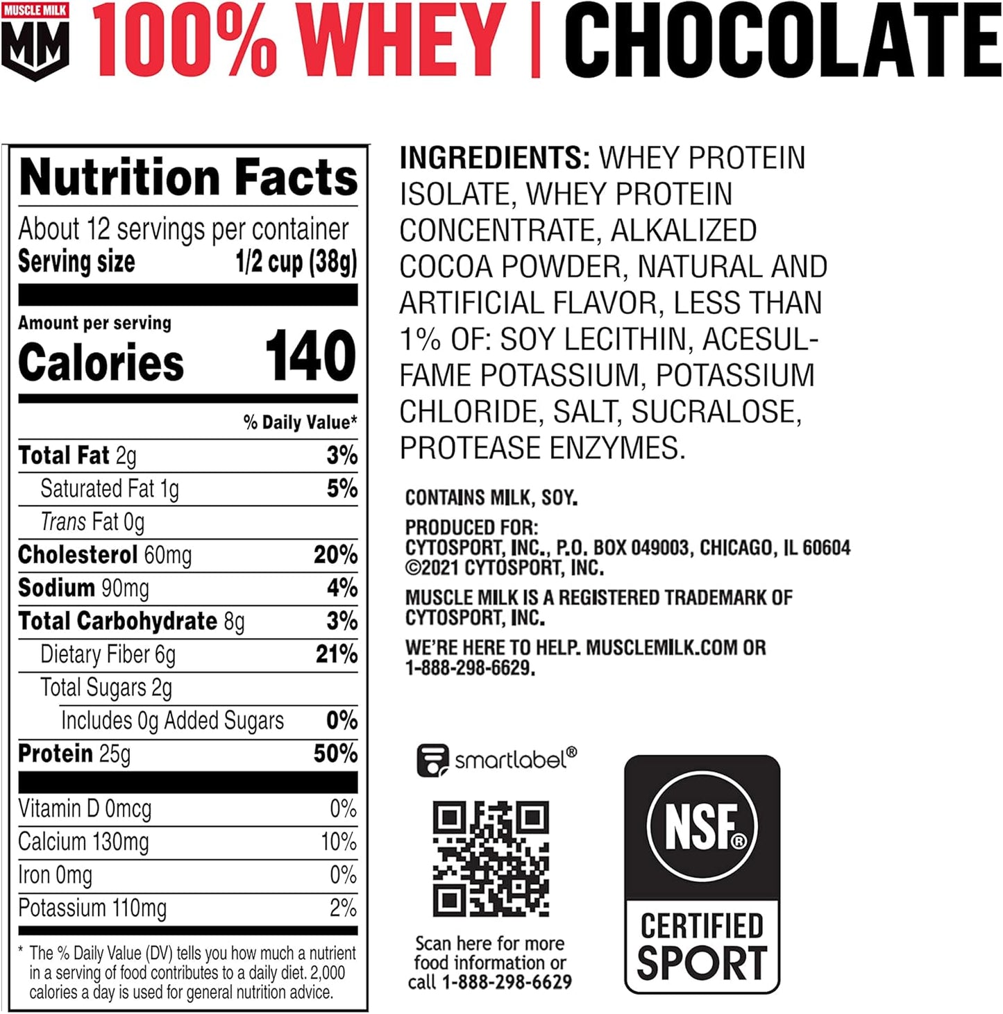 100% Whey Protein Powder, Chocolate, 5 Pound, 66 Servings, 25G Protein, 2G Sugar, Low in Fat, NSF Certified for Sport, Energizing Snack, Workout Recovery, Packaging May Vary