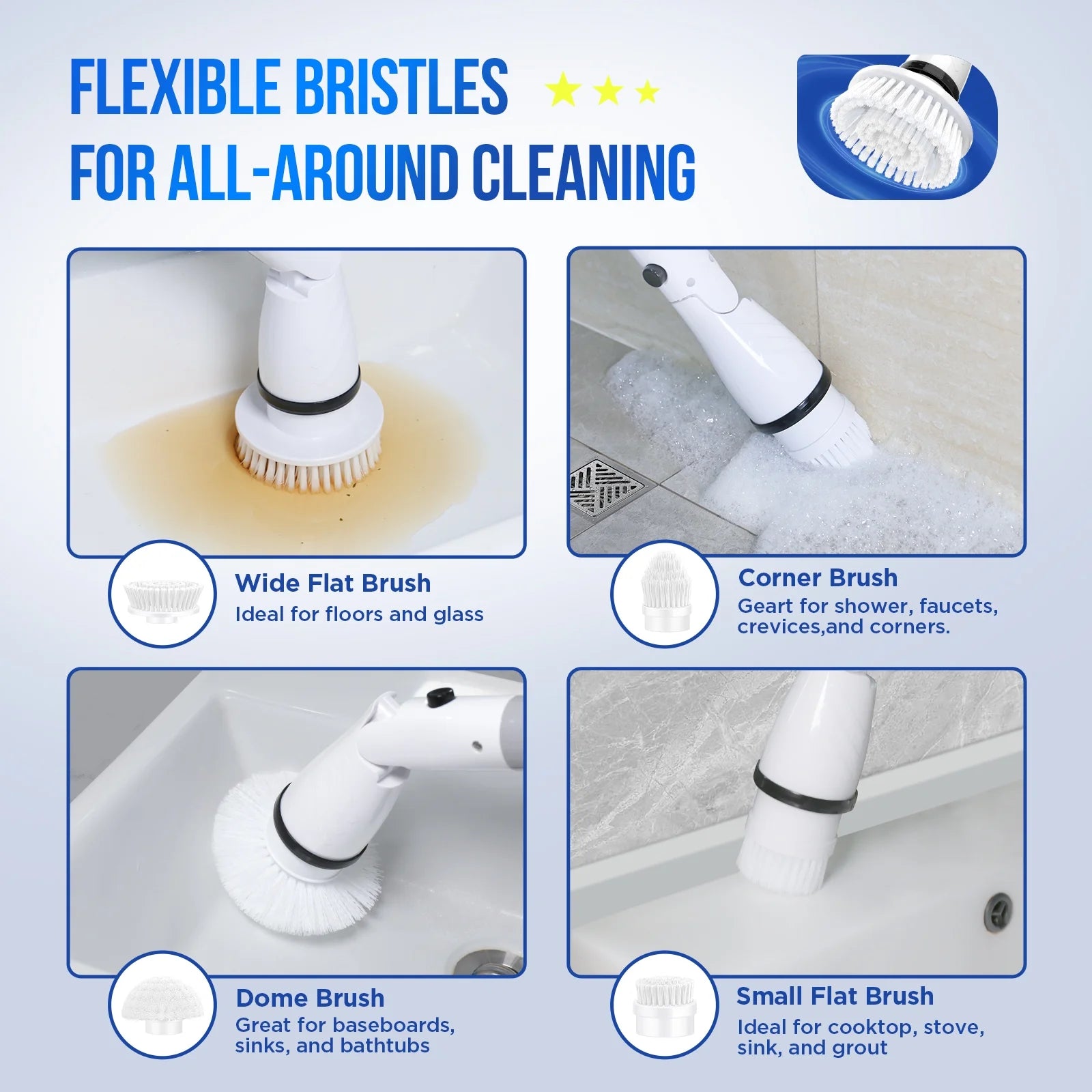 Electric Spin Scrubber - Cordless Cleaning Brush with 4 Heads & Extension Handle Power Shower Scrubber for Bathroom Kitchen Tile Floor