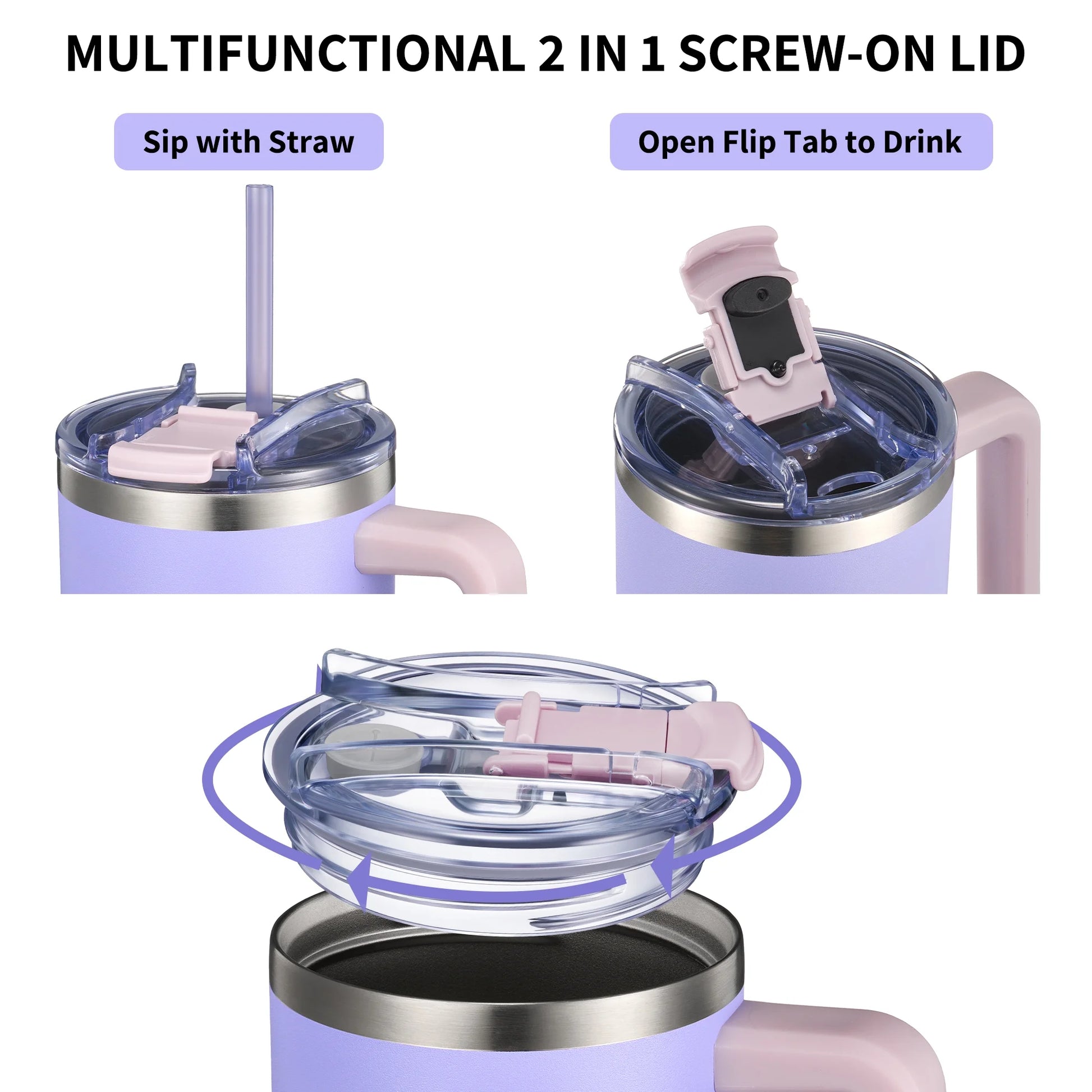 40 Oz Insulated Tumbler with Handle - Stainless Steel Coffee Travel Mug with Lid and Straws, Cupholder Friendly, BPA Free, Splash-Proof, for Women, Mother, Wife, Girls, Lavender Dream