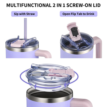 40 Oz Insulated Tumbler with Handle - Stainless Steel Coffee Travel Mug with Lid and Straws, Cupholder Friendly, BPA Free, Splash-Proof, for Women, Mother, Wife, Girls, Lavender Dream