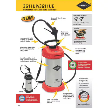 2.64 Gal. Industrial EPDM Stainless Steel Compression Sprayer for Professional Concrete, Made in Germany