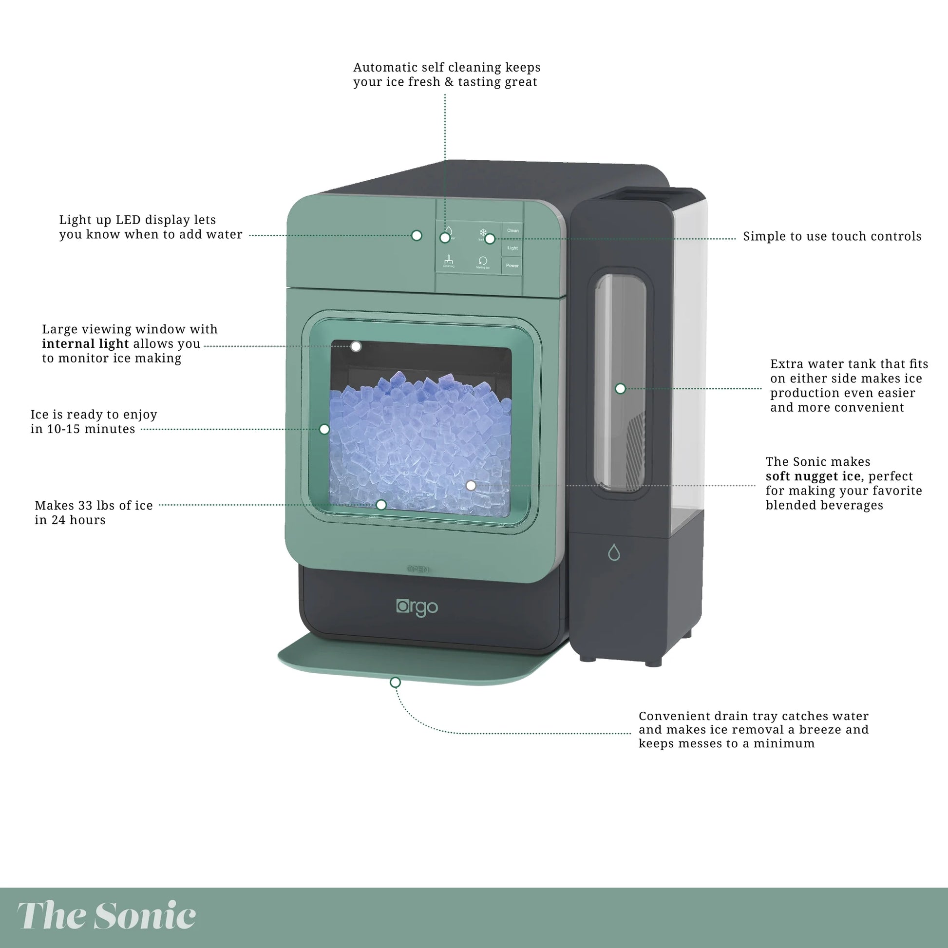 Sonic Countertop Ice Maker 33 Lbs “Capacity” Nugget Ice Maker, Stainless Steel