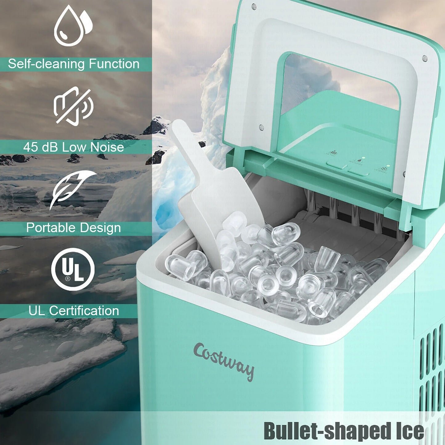 Portable Ice Maker Machine Countertop 26Lbs/24H Self-Cleaning W/ Scoop Green