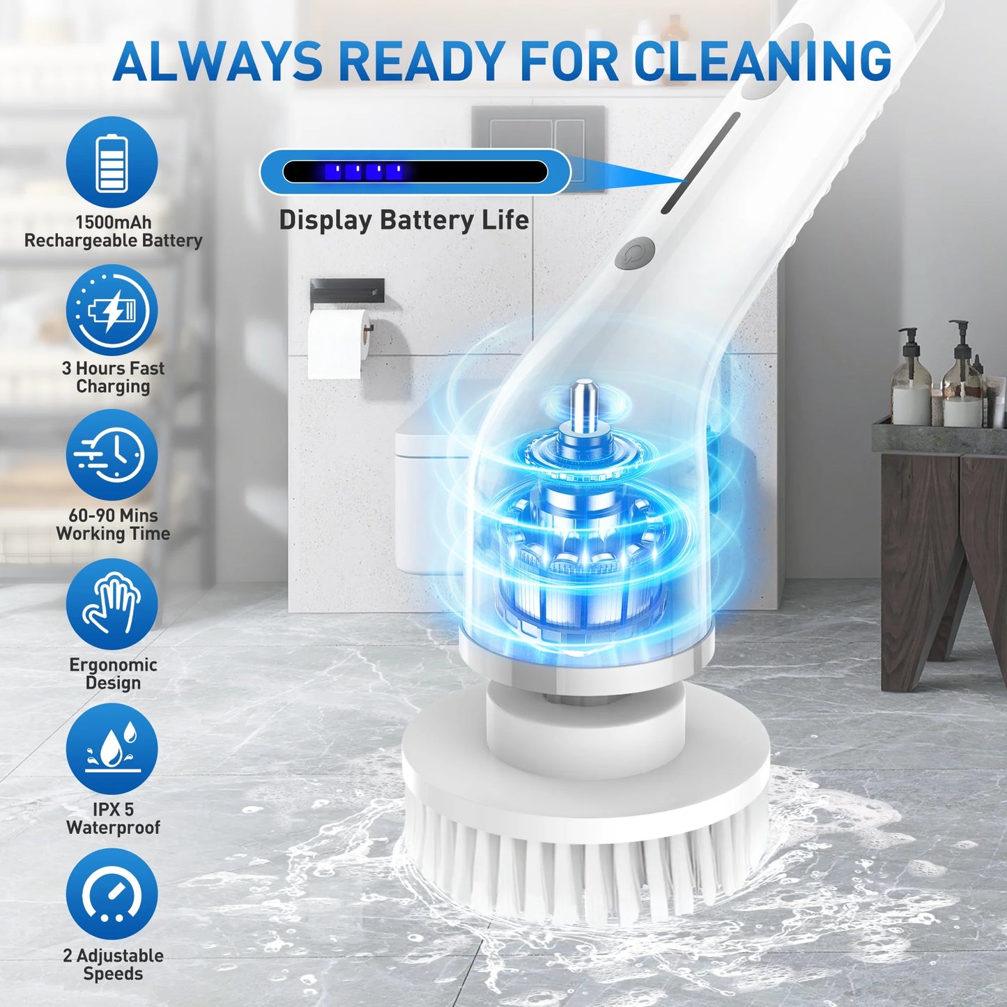 Cordless Electric Spin Scrubber, 2-Speed with 7 Brush Heads & 51.2" Extension Handle, Grey – Power Scrubber for Bathroom, Kitchen, Tub, Tile, Floor Cleaning