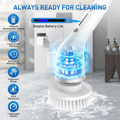 Cordless Electric Spin Scrubber, 2-Speed with 7 Brush Heads & 51.2" Extension Handle, Grey – Power Scrubber for Bathroom, Kitchen, Tub, Tile, Floor Cleaning
