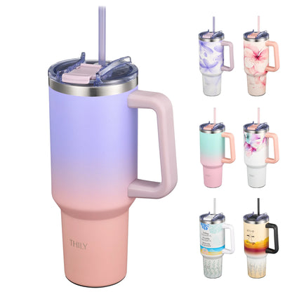 40 Oz Insulated Tumbler with Handle - Stainless Steel Coffee Travel Mug with Lid and Straws, Cupholder Friendly, BPA Free, Splash-Proof, for Women, Mother, Wife, Girls, Lavender Dream