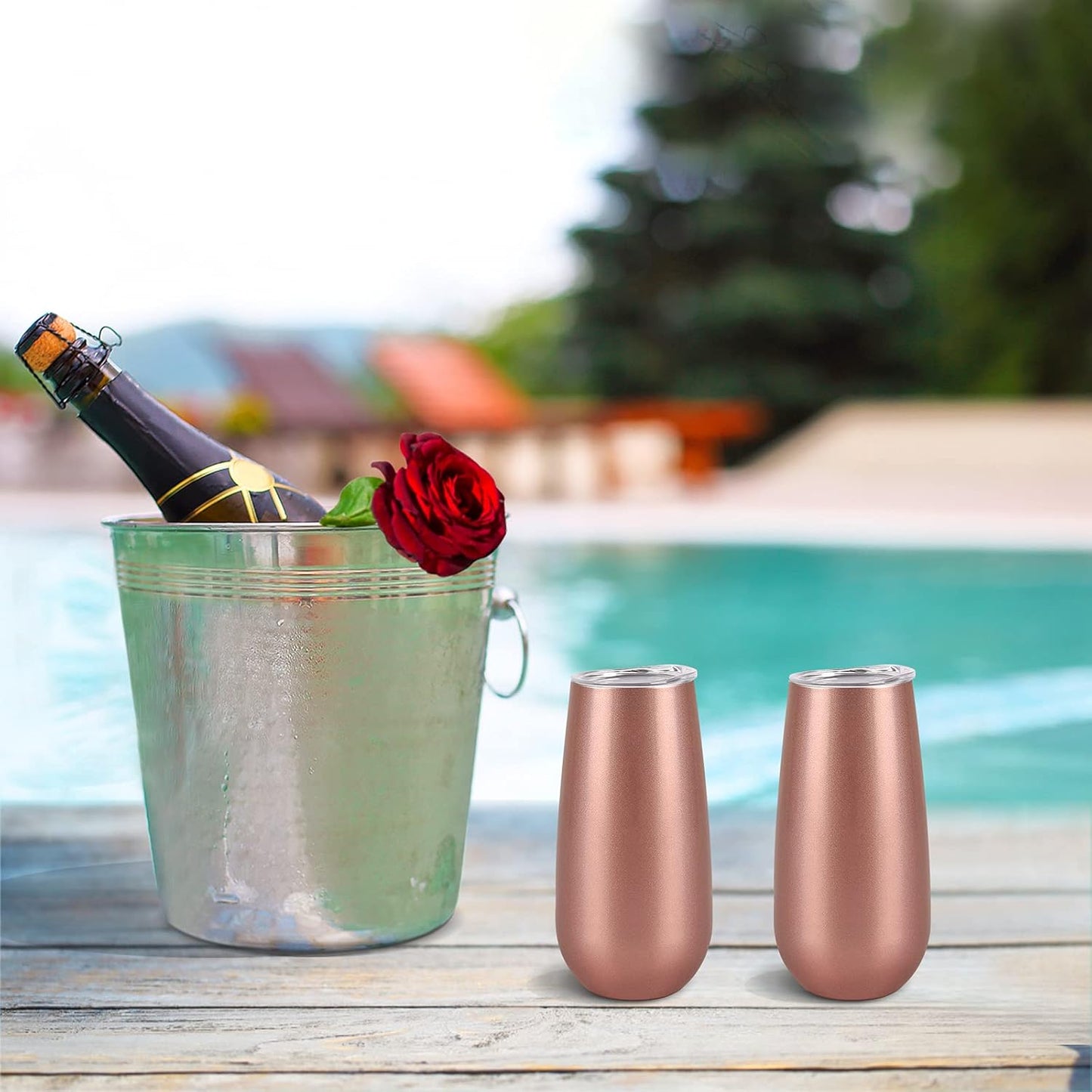 2 Pack Stemless Champagne Tumblers, 6 Oz Insulated Flute Tumbler, Double Insulated Unbreakable Glasses for Friends Birthday Christmas Wedding (Rose Gold)