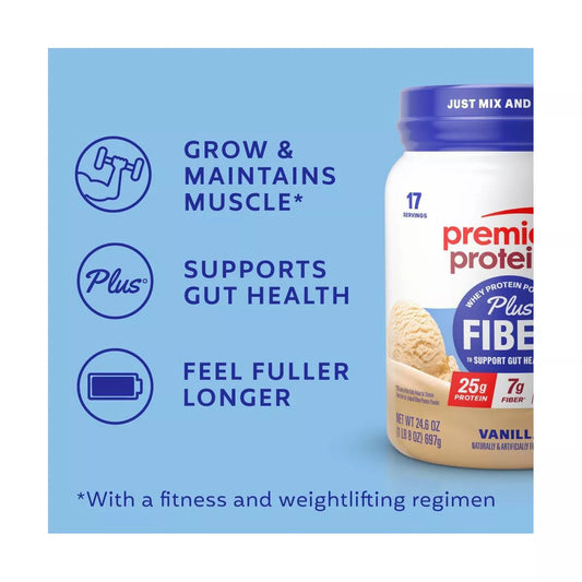 Premier Protein plus Fiber Powder - Vanilla - Whey Protein - 24.6Oz/17 Servings
