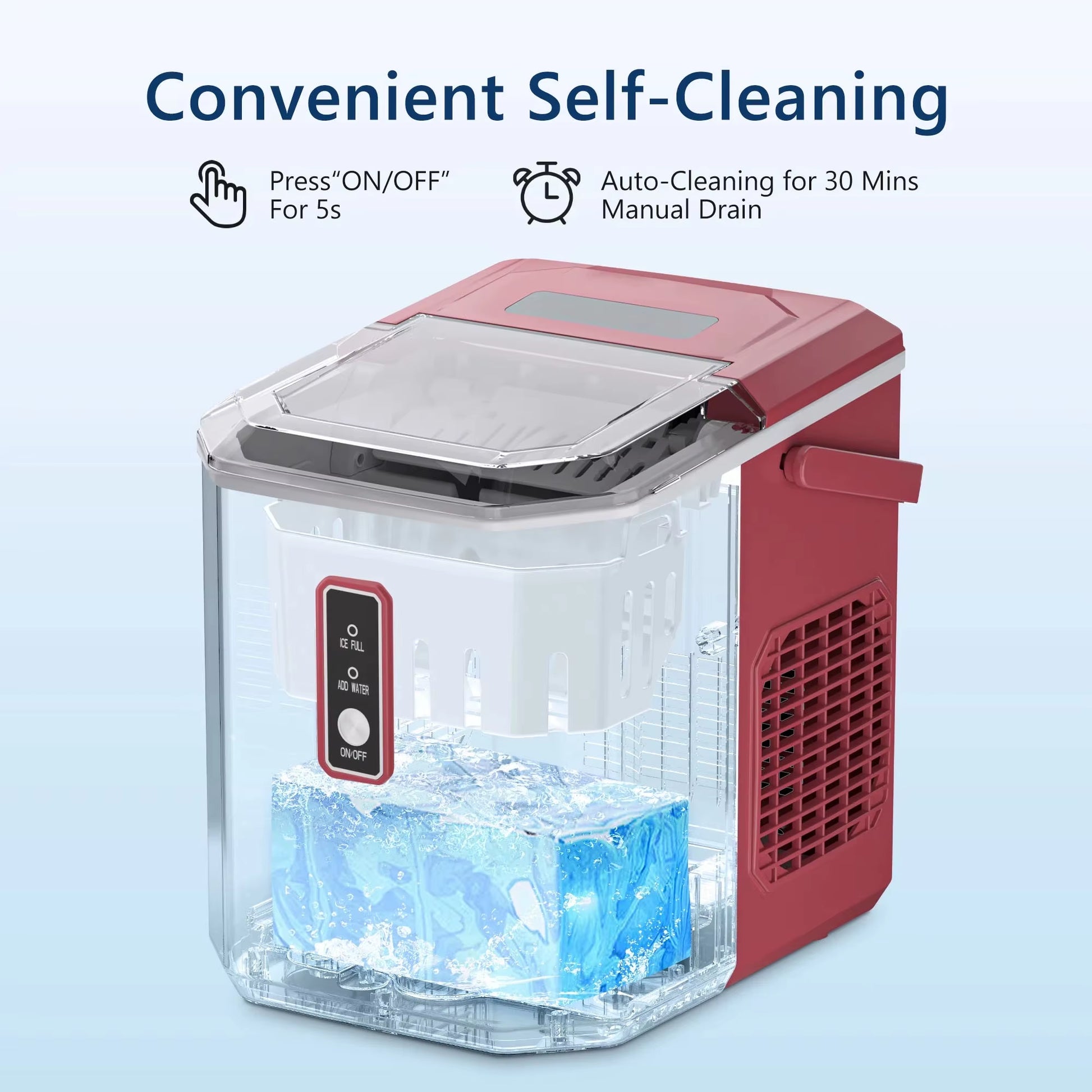 Ice Maker Countertop , 26.5 Lbs/24H, 9 Cubes in 6 Mins,Self-Cleaning, Portable Ice Maker with Handle for Home,Red