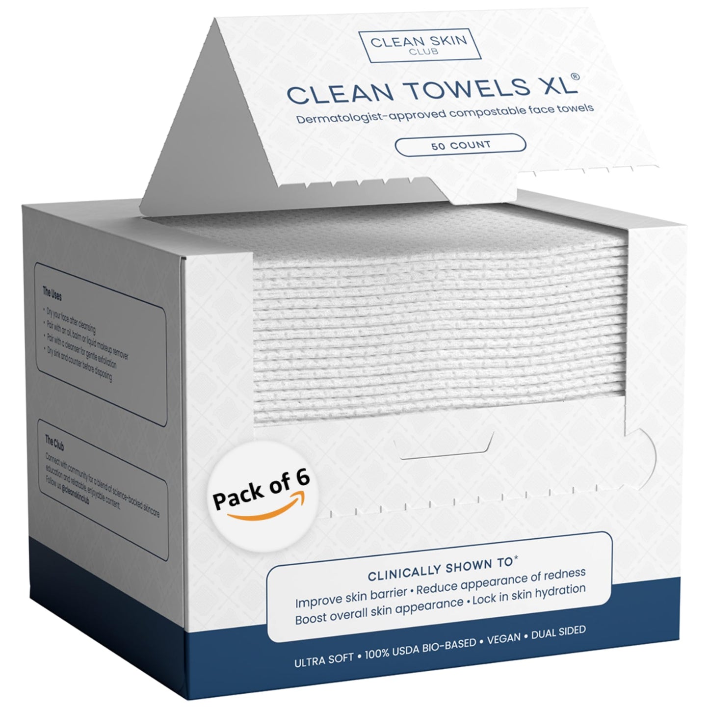 Clean Skin Club Clean Towels XL™, 100% USDA Biobased Face Towel, Disposable Face Towelette, Eczema Association Accepted, Makeup Remover Dry Wipes, Ultra Soft, 100 Ct, 2 Pack