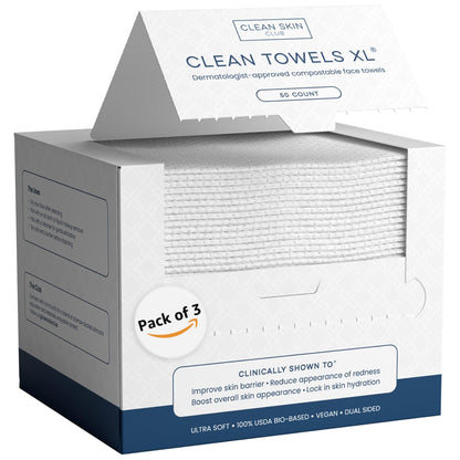 Clean Skin Club Clean Towels XL™, 100% USDA Biobased Face Towel, Disposable Face Towelette, Eczema Association Accepted, Makeup Remover Dry Wipes, Ultra Soft, 100 Ct, 2 Pack