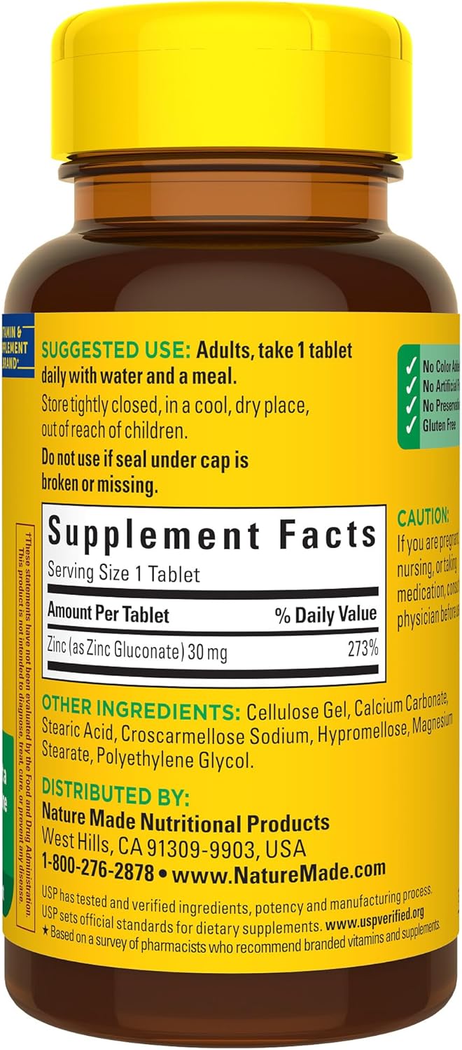 Nature Made Zinc 30 mg, Dietary Supplement for Immune Health and Antioxidant Support, 100 Tablets, 100 Day Supply