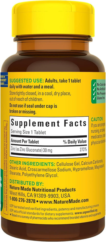 Nature Made Zinc 30 mg, Dietary Supplement for Immune Health and Antioxidant Support, 100 Tablets, 100 Day Supply