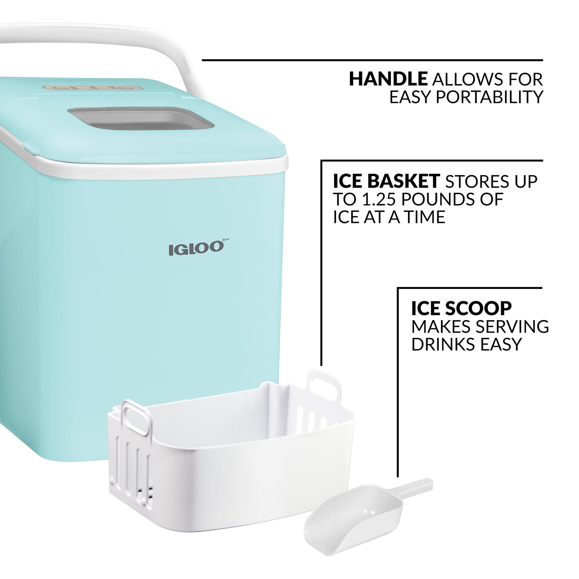 Handled Automatic Ice Machine Self Cleaning Countertop Ice Maker with Scoop, Aqua