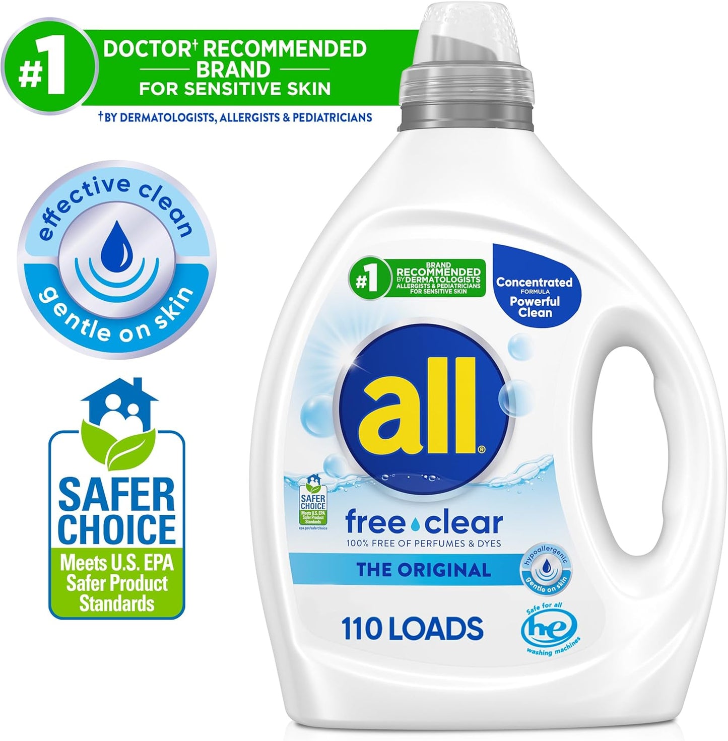 all free clear, Original, Liquid Laundry Detergent for Sensitive Skin, Unscented and Hypoallergenic, Concentrated, 82.5oz, 110 Loads