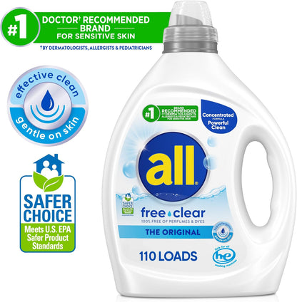 all free clear, Original, Liquid Laundry Detergent for Sensitive Skin, Unscented and Hypoallergenic, Concentrated, 82.5oz, 110 Loads