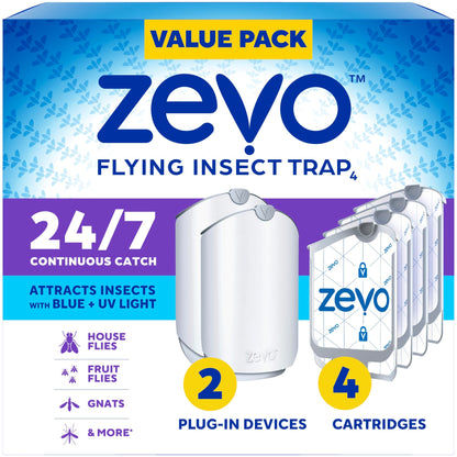 Zevo Flying Insect Trap & Cartridge - Plug in Fly Trap & Indoor Bug Catcher for Gnats, House & Fruit Flies - Mess-Free - Use in Any Room - Uses Blue & UV Light (1 Plug in Device & 1 Cartridge)