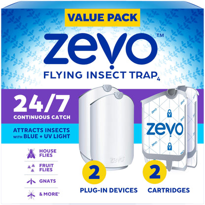 Zevo Flying Insect Trap & Cartridge - Plug in Fly Trap & Indoor Bug Catcher for Gnats, House & Fruit Flies - Mess-Free - Use in Any Room - Uses Blue & UV Light (1 Plug in Device & 1 Cartridge)