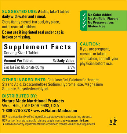 Nature Made Zinc 30 mg, Dietary Supplement for Immune Health and Antioxidant Support, 100 Tablets, 100 Day Supply