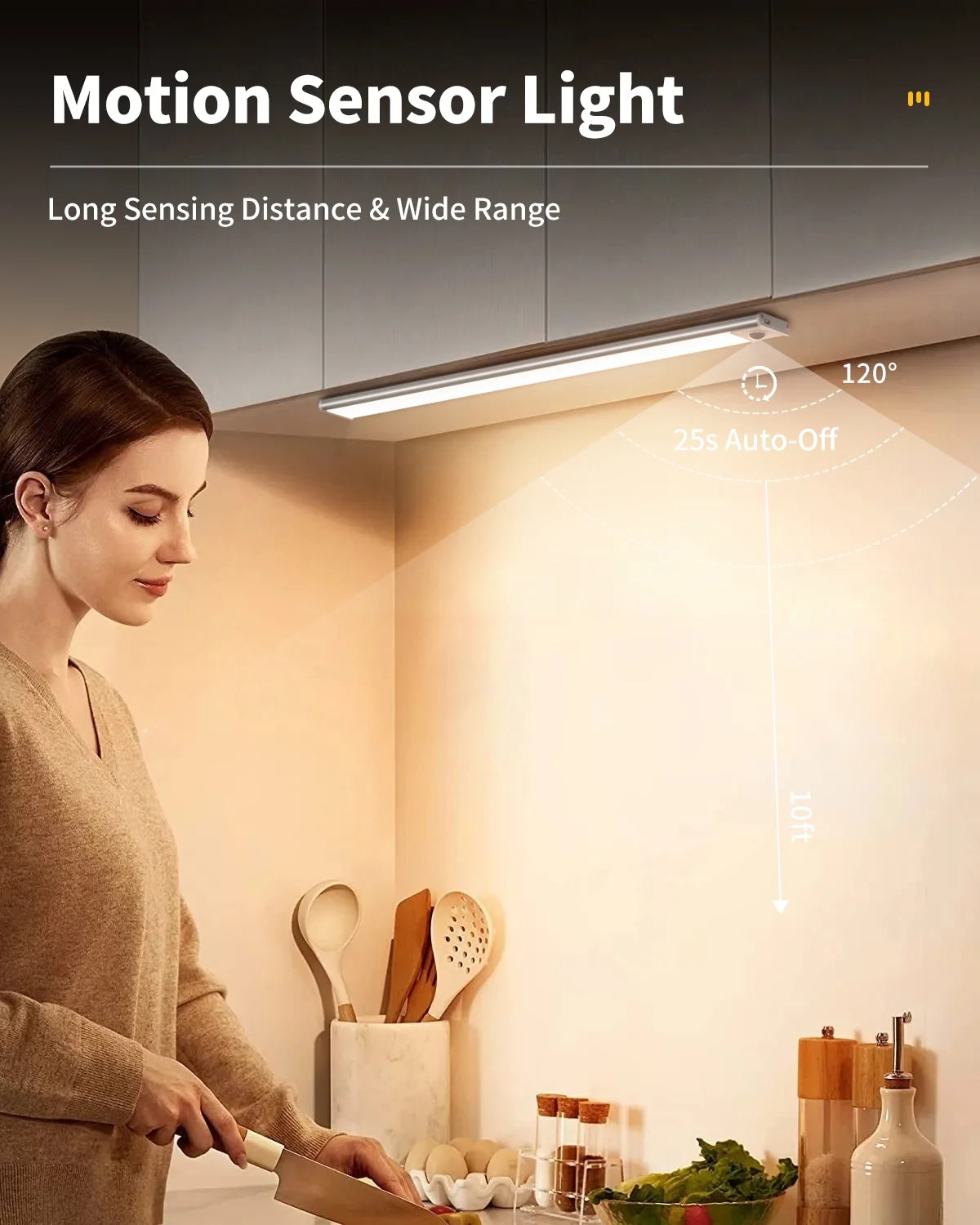 Under Cabinet Lighting, 54 LED Motion Sensor Light Indoor, 3 Color & Stepless Dimmable Closet Lights, Magnetic under Counter Lights for Kitchen, Stairs, Hallway - 2 Pack