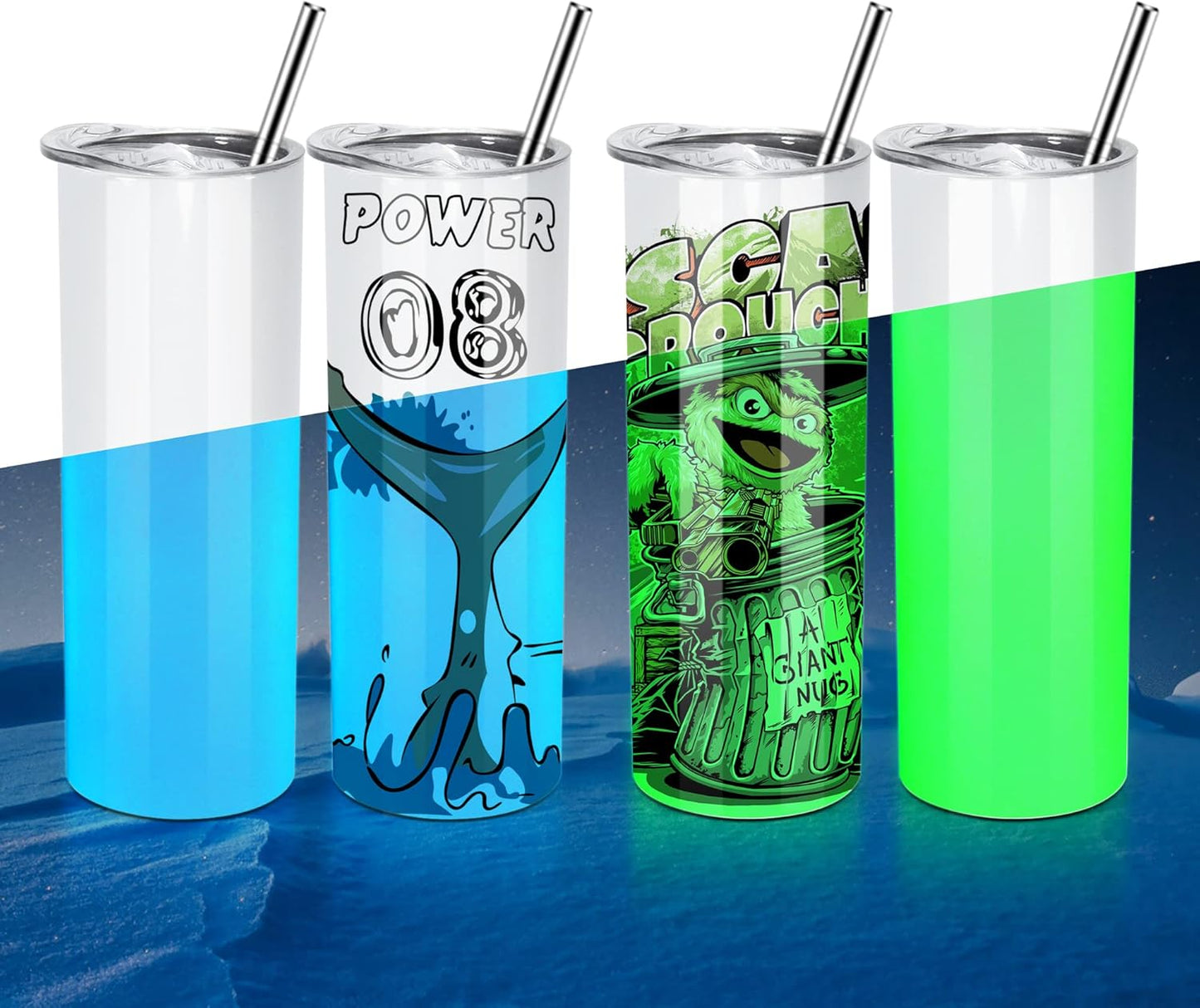 8 Pack Sublimation Tumblers Glow in the Dark,20 Oz Double Wall Vacuum Insulated Luminous Skinny Tumbler with Straw and Lid for Cold and Hot Drinks,White to Blue and White to Green